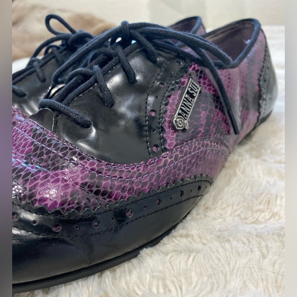 Anna Sui Black and Purple Oxford Snakeskin 2-Color Sneakers Shoes 10